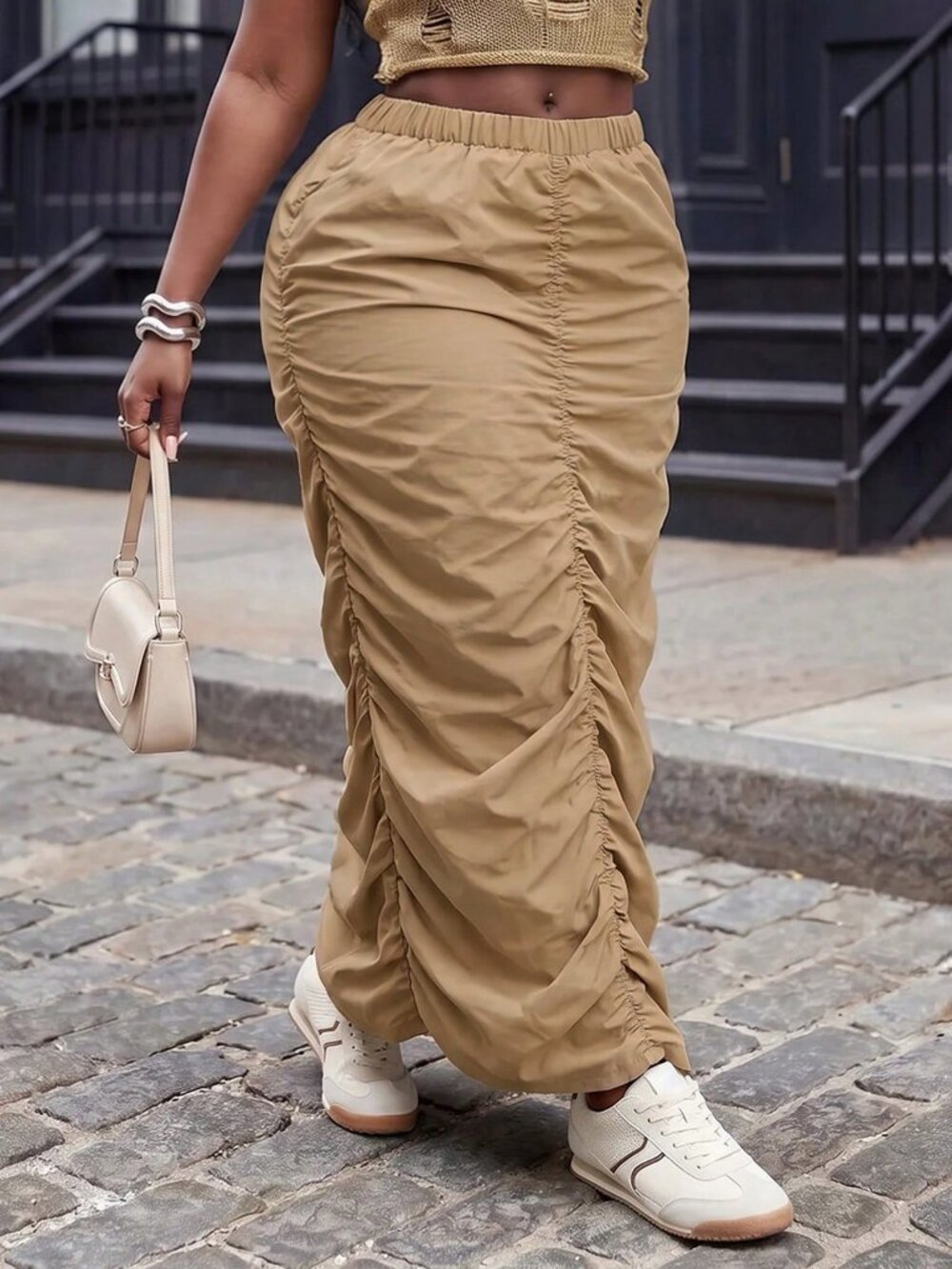 Khaki Casual Women's Plus Size Regular Fit Ruched High-Waist Long Maxi Skirt - Picture 10 of 10